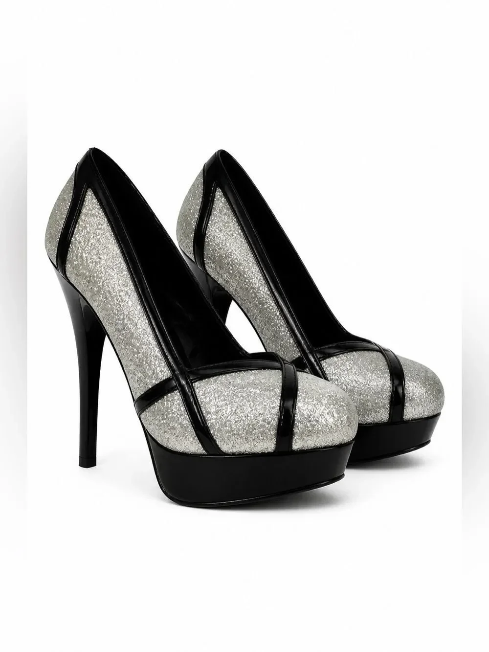 Black and Silver Glitter Platform Stiletto Pumps